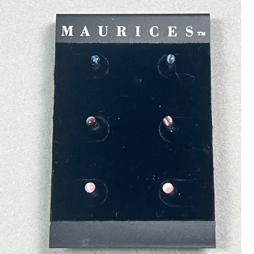 Maurices 3 Pair Stud Earring Set Blue Purple Pink Round Cabochon Silver Tone NEW
